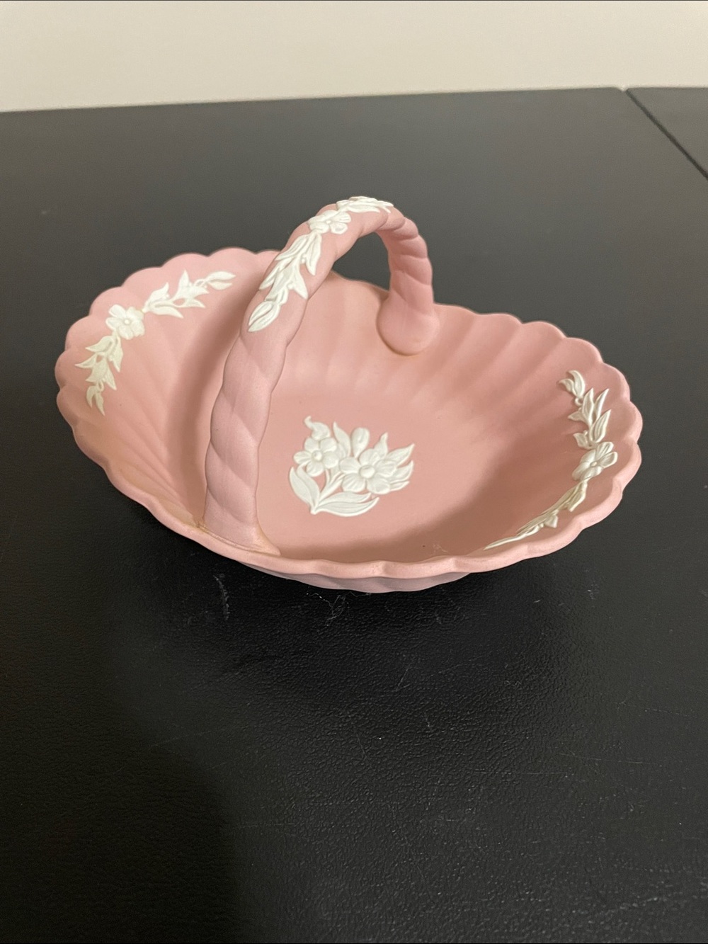 Wedgwood Pink Jasperware Ruffle Basket with White Floral